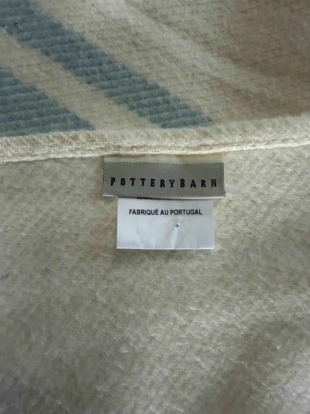 Pottery Barn Cream Throw with Light Blue Stripe Accents